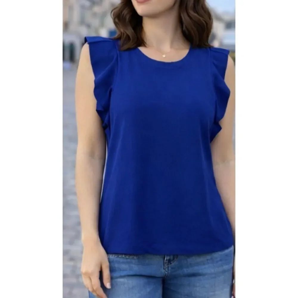 Ann Taylor blue ruffled sleeve knit top size small